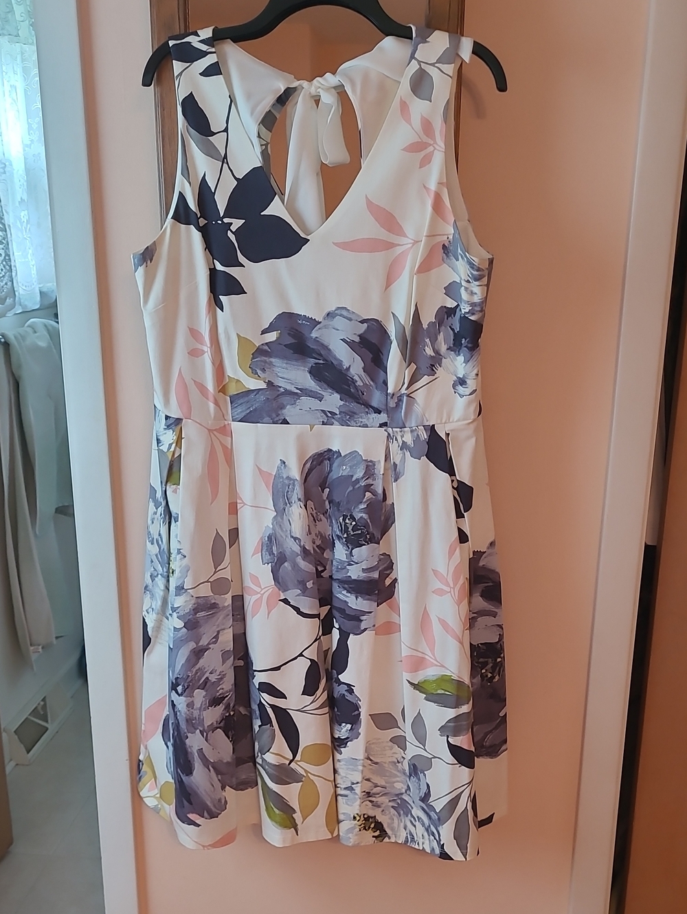 Robbie Bee White Floral Midi Dress with Blue and Pink Accents